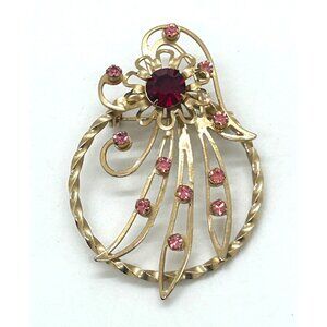 Vintage Rhinestone Brooch Pin Mid Century Pink Red Rhinestone Floral Wreath